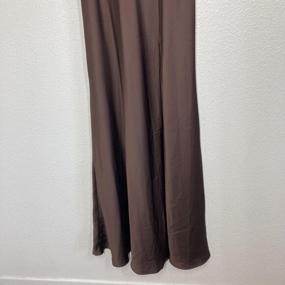 Birdy Grey Dress Womens Small Brown Satin Square Neck Tie Strap Maxi Bridesmaid - Picture 12 of 16